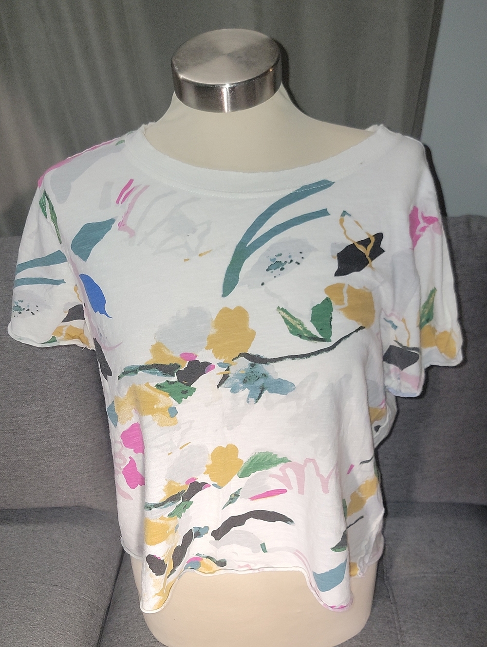 Anthropologie White Floral Cropped Tee with Multicolor Print